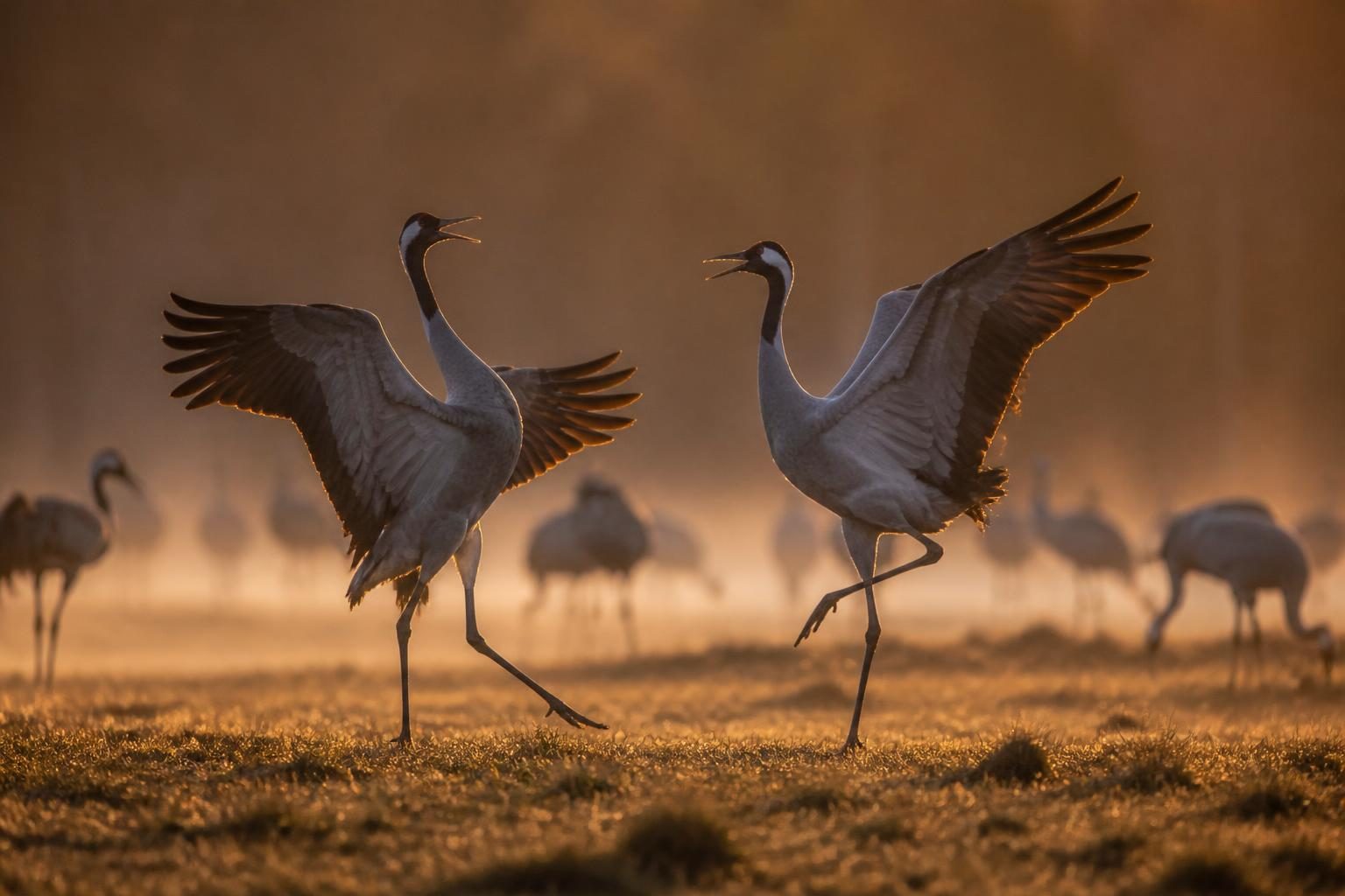 Pair of common cranes dancing in misty sunrise light
