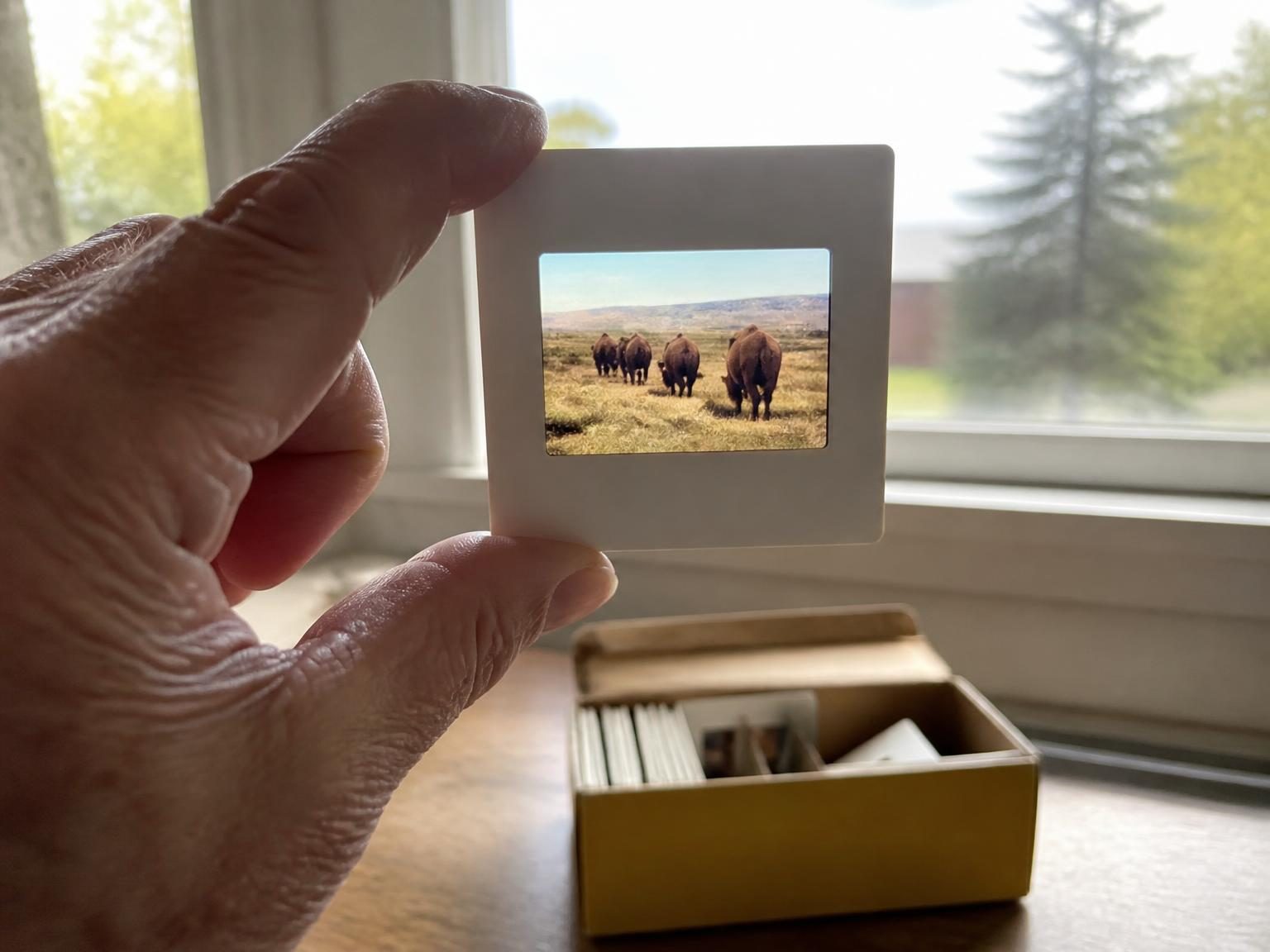 An old slide of bison walking away, held to the light