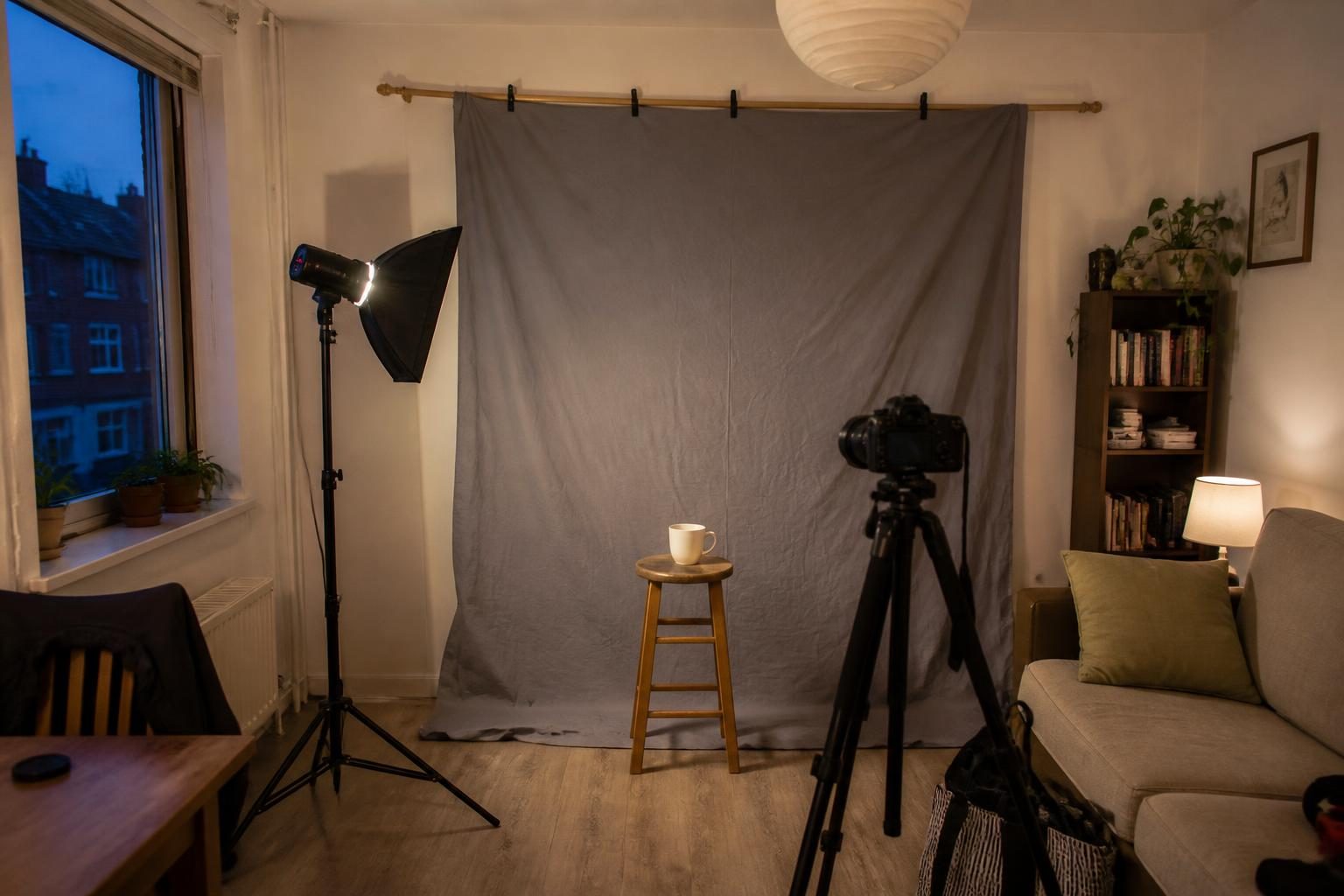 A one-light home portrait setup with a grey sheet