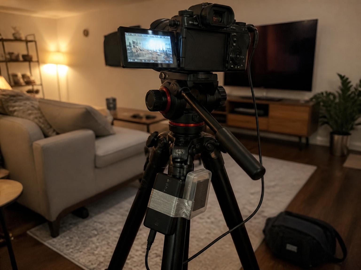 Camera on a tripod with a power bank taped to one leg